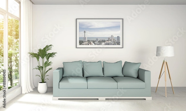 Fototapeta 3D rendering of interior modern room and green landscape in window.