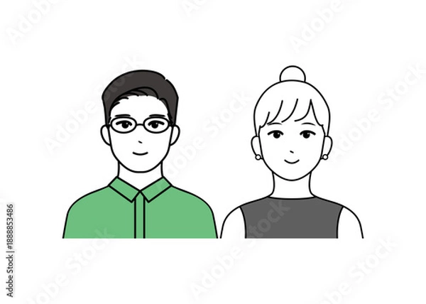 Obraz シンプルな線画で描かれた男女のカップルイラスト