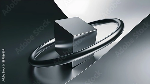 Obraz Brushed aluminum ring and matte cube – Suitable for engineering.