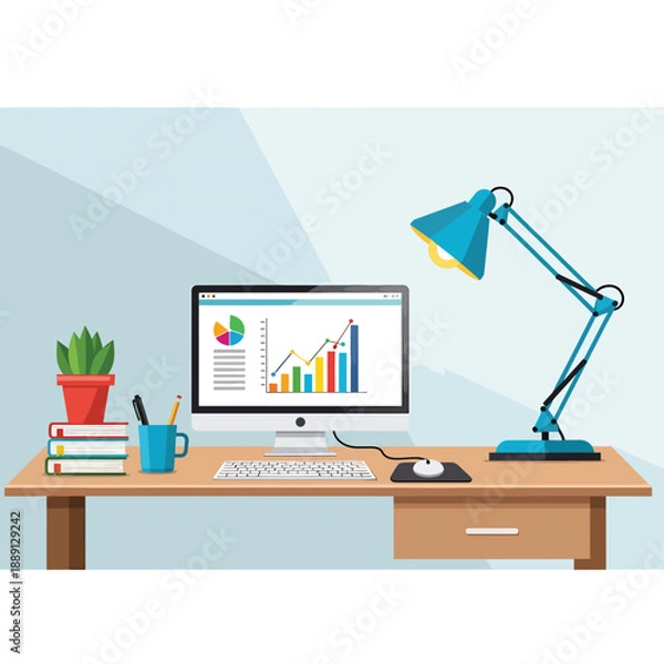 Obraz Modern Office Workspace with Computer and Charts