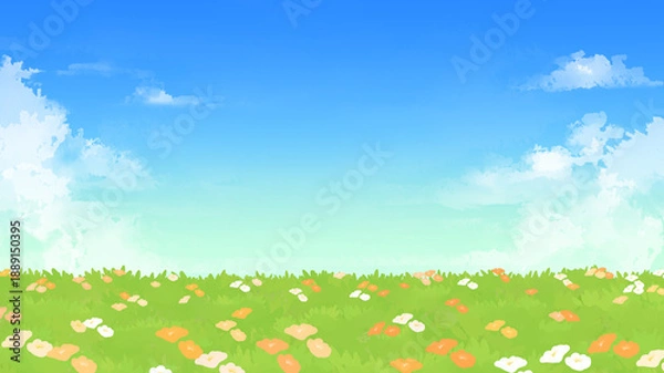 Obraz 花が咲く草原と青空の背景