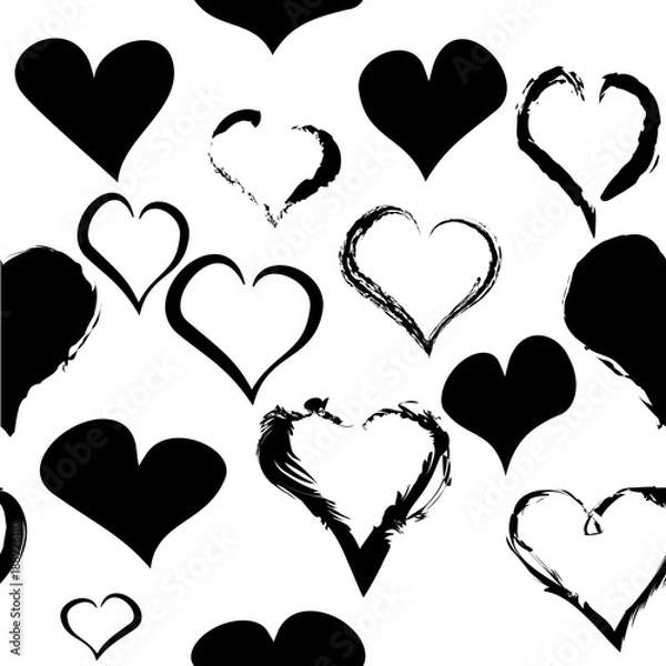 Fototapeta Hand black doodle drawn heart seamless pattern. Grunge texture. St Valentine's day background for print, wrapping paper, textile design, wedding cards and other.