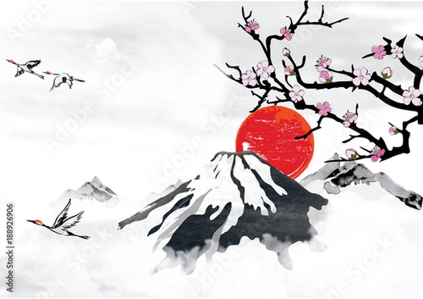 Fototapeta Traditional Korean / Japanese / Chinese background for greeting cards, with mountains, blossom branches and flying crane birds.