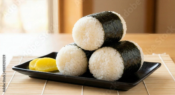 Obraz 日本の食卓に並ぶ、温かい手作りの俵むすびと漬物