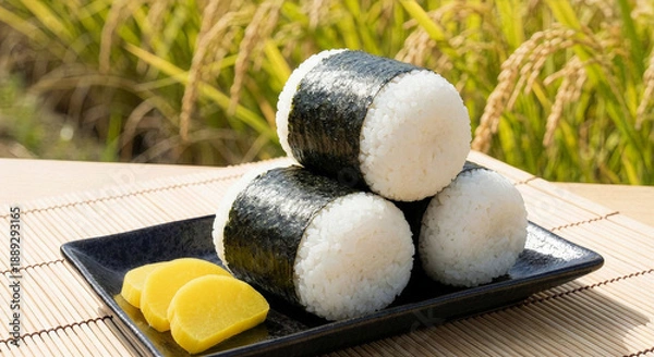 Obraz 黄金色の稲穂を背景にした手作りの俵むすび