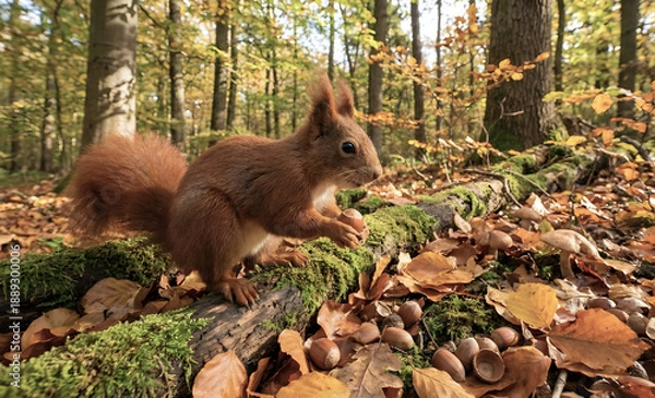 Obraz Red Squirrel in Autumn Forest