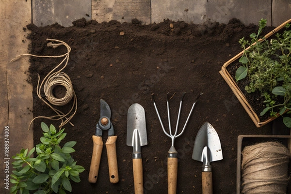 Obraz Garden tools flat lay on neutral background, shovel, rake, pruning shears, clean composition, copy space