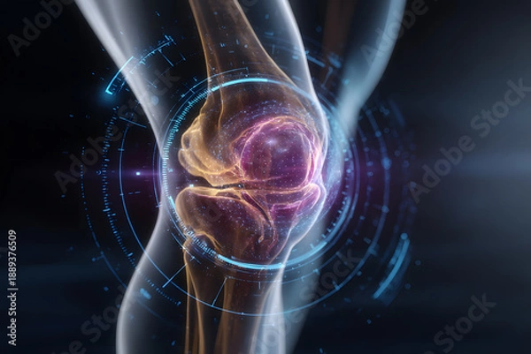 Obraz Knee joint with digital technology and data visualization on a dark background