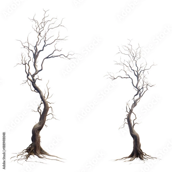 Obraz Two leafless, gnarled trees with twisted branches and exposed roots.
