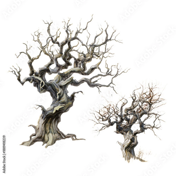Obraz Two gnarled, leafless trees with twisted branches and textured bark.