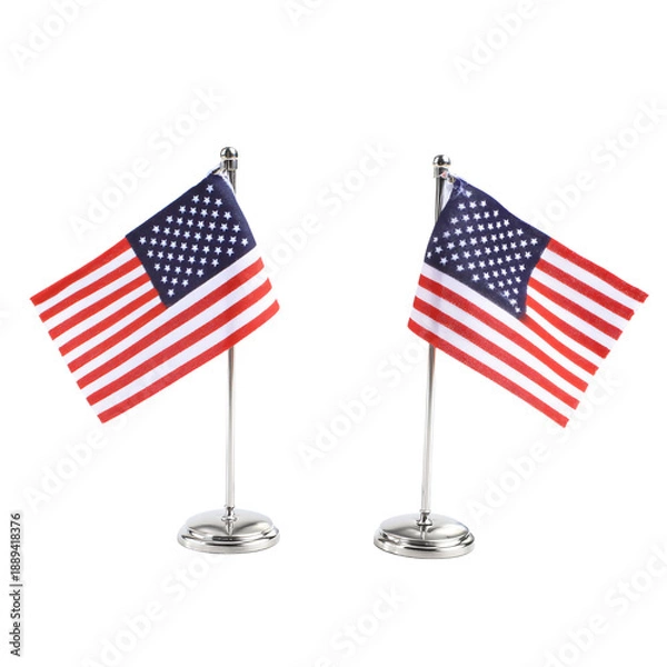 Obraz Two small American flags on silver stands.