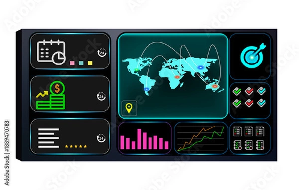 Obraz Business data analytics dashboard with global map visualization.