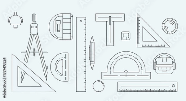 Obraz Drafting and Geometry Tools Line Art Pattern. Technical Drawing Instruments, Architect Scale, Compass, Ruler, and Protractor Icons.