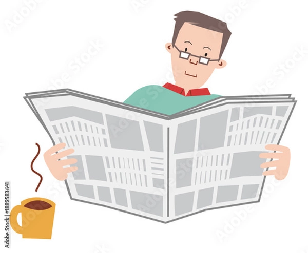 Obraz コーヒーを飲みながら新聞を読む男性、上半身のベクターイラスト