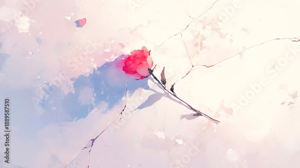 Obraz ひび割れた背景に一輪の赤いバラの花の水彩イラスト