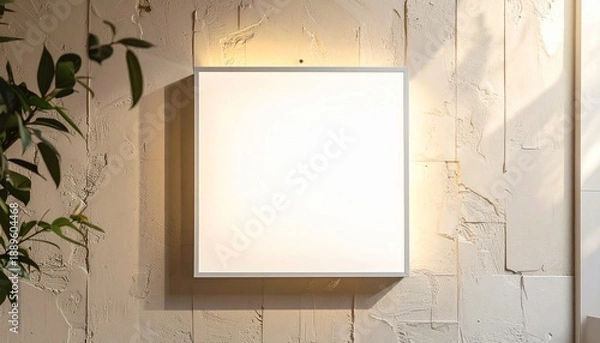 Obraz テクスチャ豊かなベージュの壁に設置された正方形ライトボックスのモックアップ