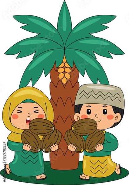 Obraz Children Holding Dates Under Palm Tree Vector Illustration