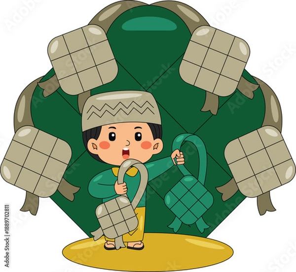 Obraz Boy Holding Ketupat Vector Illustration