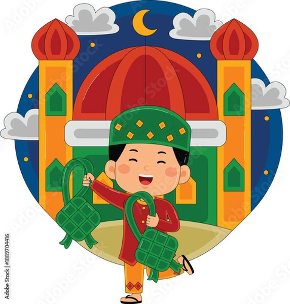 Obraz Boy Holding Ketupat Vector Illustration