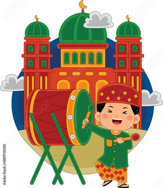 Obraz Boy Playing Drum Vector Illustration