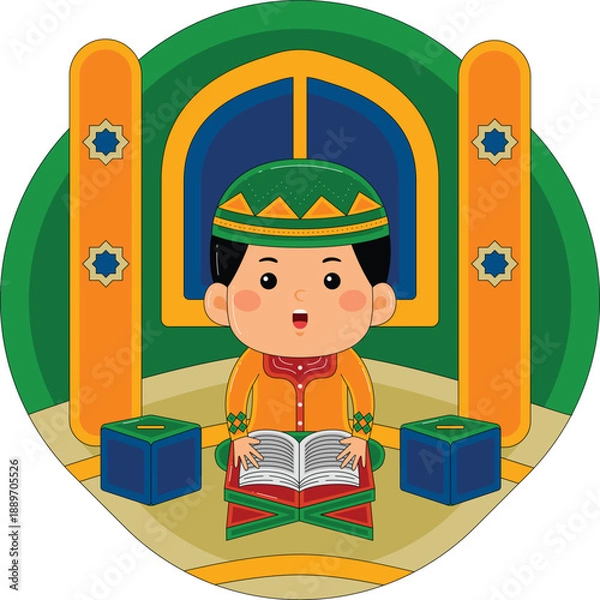 Obraz Boy Reading Quran at Mosque Vector Illustration