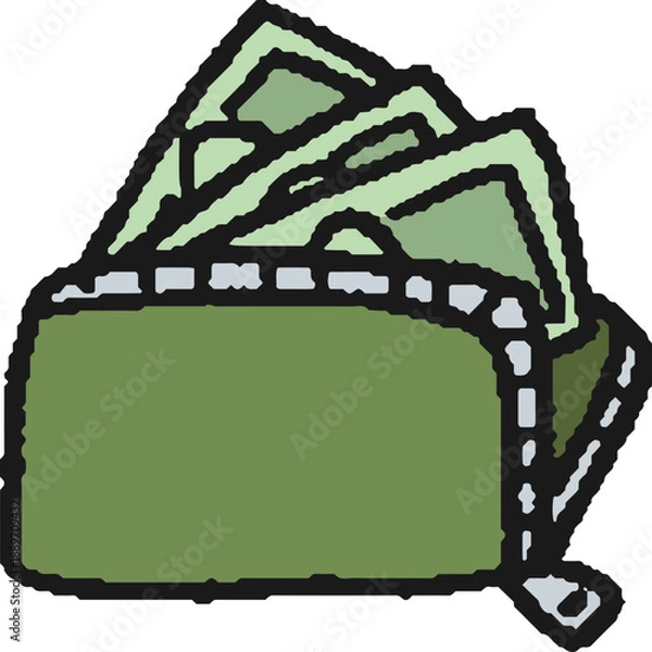 Fototapeta お札が出た緑色の長財布の手描きイラスト