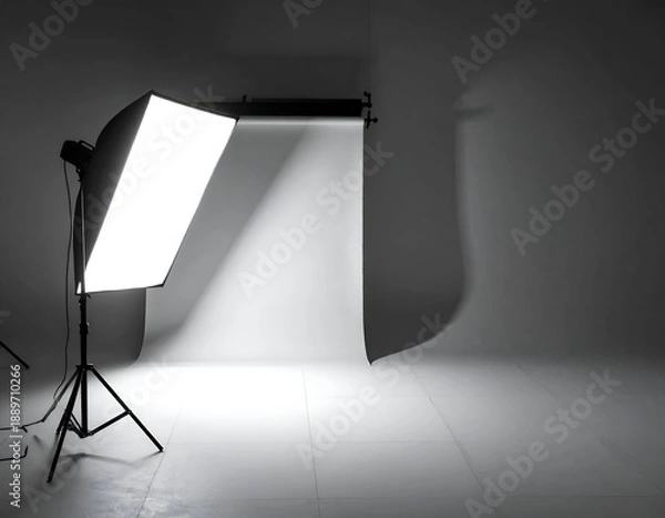 Obraz Studio scene; softbox illuminates blank backdrop; shadows and light play