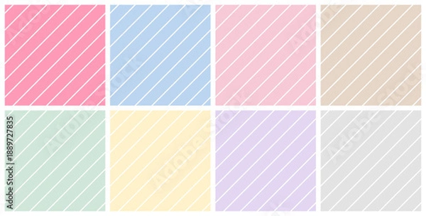 Obraz 細い白線とカラフルな線の斜めストライプのシームレスパターンセット　パステルカラーの斜め縞模様の背景画像ベクターイラスト