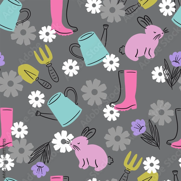 Obraz Spring Gardening Tools and Rabbits Vector Seamless Pattern