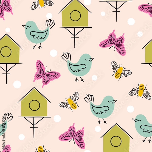 Obraz Spring Birdhouse, Bees and Butterfly Vector Seamless pattern
