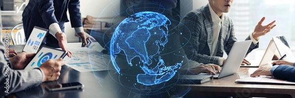Obraz ビジネスシーンとグローバルネットワークのコンセプト　バナー・広告向け横長ビジュアル