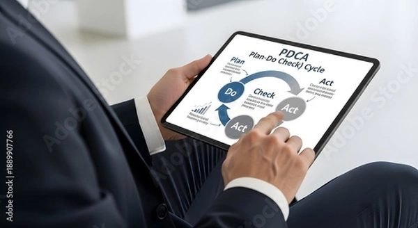 Obraz Businessman analyzing data on a tablet with a pie chart and statistics