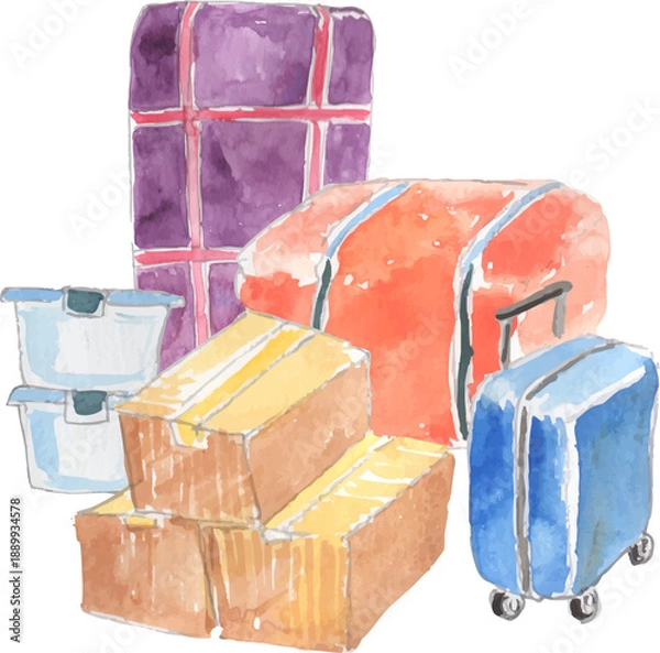 Fototapeta たくさんの引っ越し荷物のイラスト　ベクター