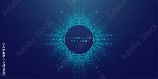 Obraz Scientific vector illustration quantum qubit technology. Plexus fiction effect. Deep learning artificial intelligence. Big data algorithms visualization. Quantum explosion background.