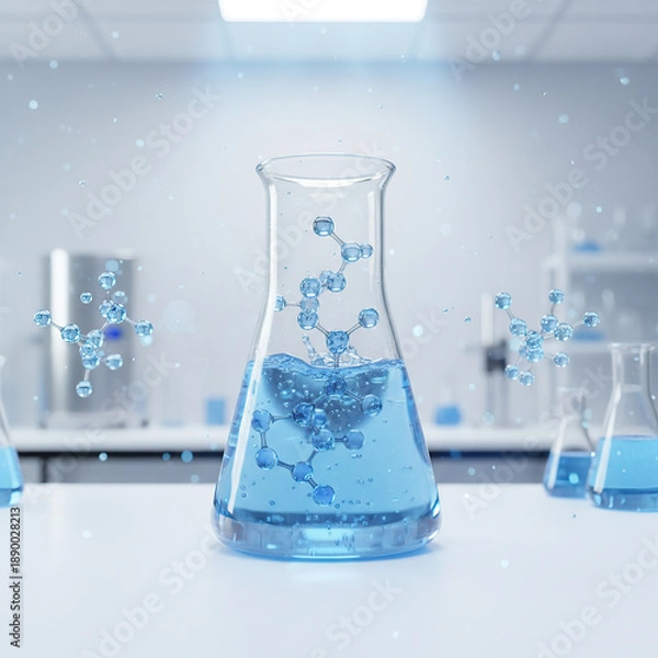 Obraz a laboratory beaker with 3D molecules forming inside