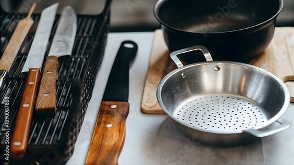 Fototapeta Professional Kitchen Tools and Cookware Setup