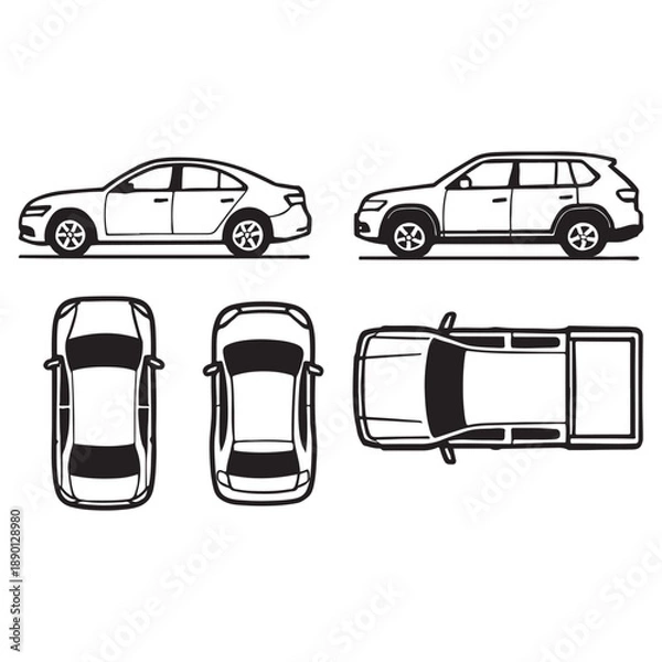 Obraz Vehicle Elevation & Top View Flat Vector Collection for Architecture
