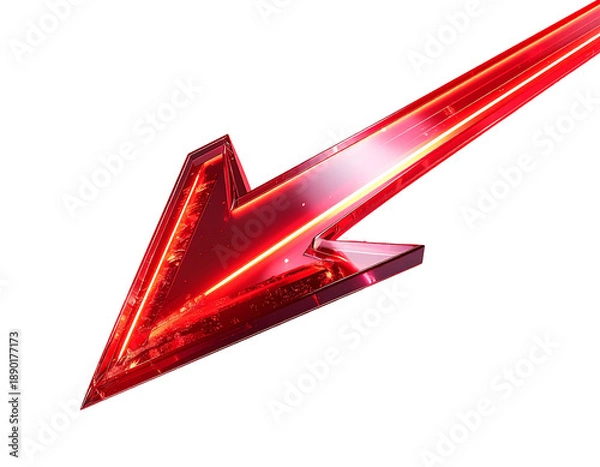 Obraz A glowing, sharp, geometric red arrow pointing down and left
