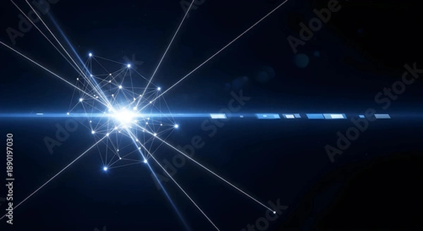 Fototapeta 宇宙開発や衛星通信を象徴する光のネットワークとレーザー軌跡。次世代通信インフラや宇宙ビジネス向け16:9背景。