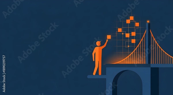 Fototapeta デジタルリテラシーとITスキルの習得を象徴する架け橋のイラスト。DX人材育成のコンセプト、広い余白。