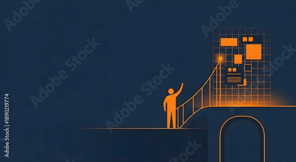 Obraz デジタルリテラシーとITスキルの習得を象徴する架け橋のイラスト。DX人材育成のコンセプト、広い余白。