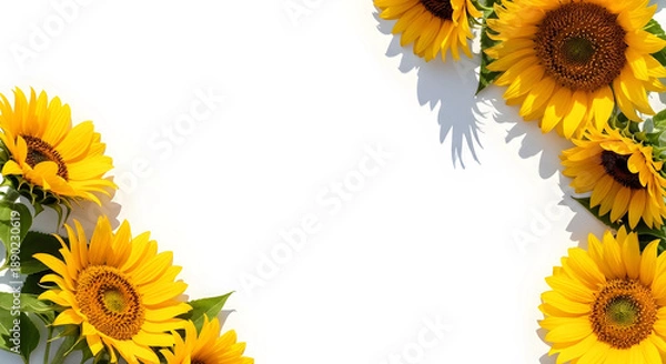 Fototapeta 向日葵の花を配置した夏らしいフレーム素材 白背景 16:9