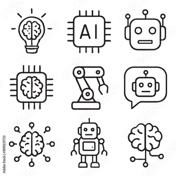 Obraz Artificial Intelligence web icons in line style. Innovation technology, machine, robot, bot, brain vector