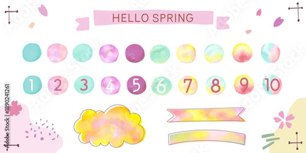 Obraz 水彩風の春のカラフルなフレーム、バナーセット　ベクターイラスト　手描き　広告　チラシ　テクスチャー、 テンプレート
