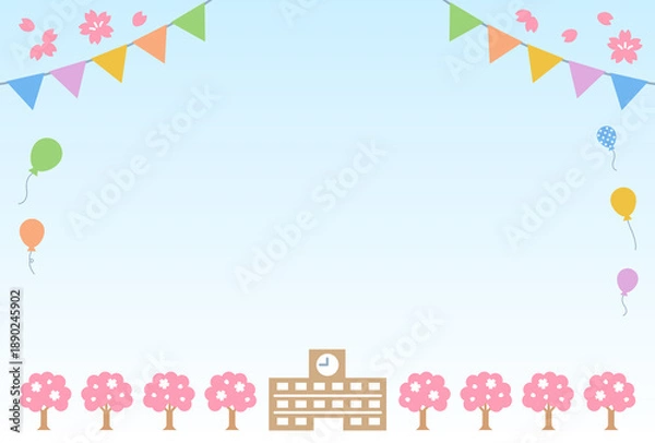 Obraz ガーランドと風船のある桜の季節の学校の背景素材　横