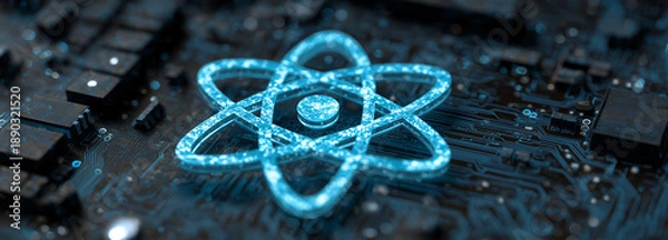 Obraz Glowing Atomic Symbol on Advanced Computer Microchip, Representing Quantum Computing, Artificial Intelligence, Scientific Innovation, Future Technology and Digital Energy Concepts
