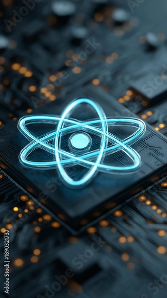 Obraz Glowing Atomic Symbol on Advanced Computer Microchip, Representing Quantum Computing, Artificial Intelligence, Scientific Innovation, Future Technology and Digital Energy Concepts