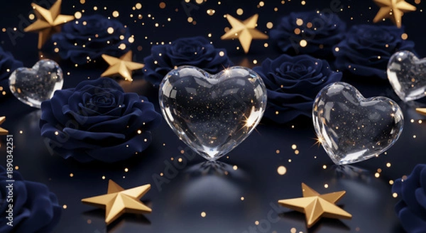Obraz 幻想的に輝くガラスのハートと薔薇｜星と光に包まれたロマンチックファンタジー

