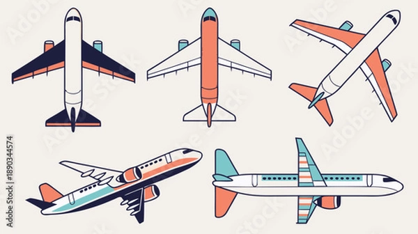 Obraz Commercial Airplane Collection Flat Vector Illustration Set