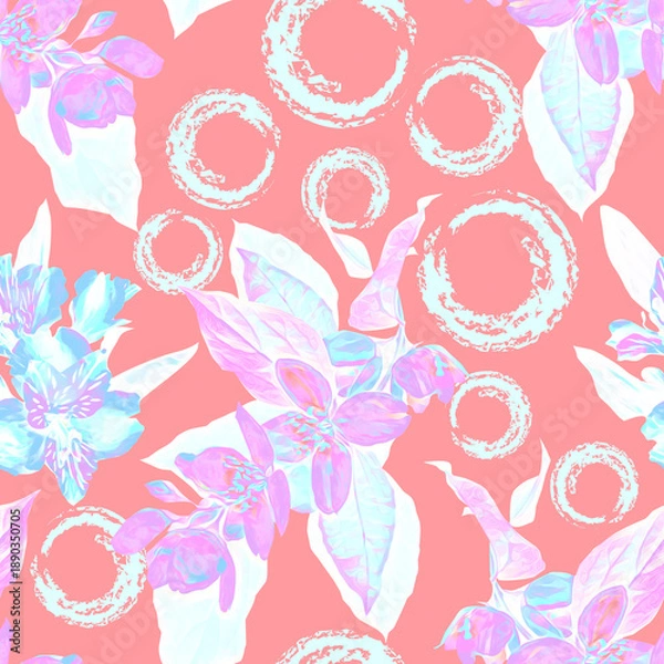 Obraz Colored Jasmine flowers with circles seamless pattern.